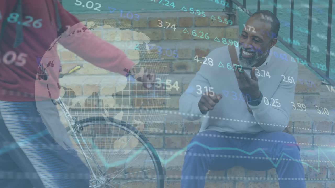 animação de processamento de dados do mercado de ações sobre um homem afro-americano a bater no punho do seu amigo.