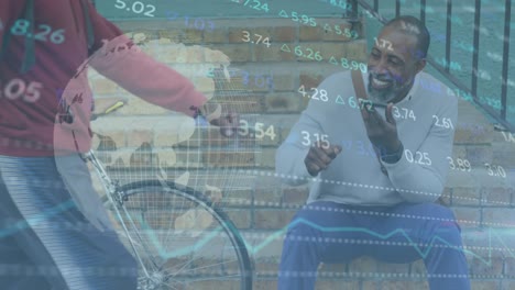 animation of stock market data processing over african american man fist bumping his friend