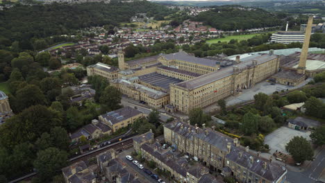 Establishing-Drone-Shot-Over-Saltaire-Approaching-Salts-Mill