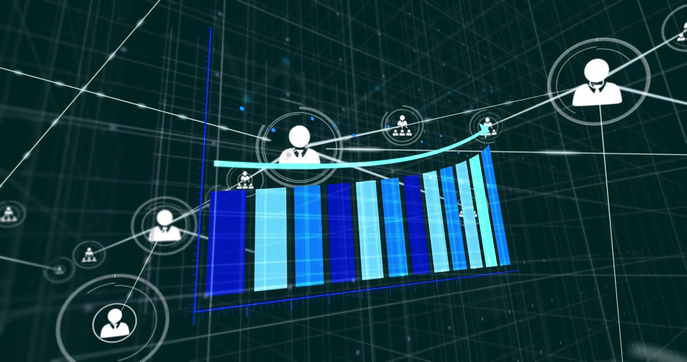 Camera zooming showing main user node with 3D bar chart, bars growing, nodes linking showing growth