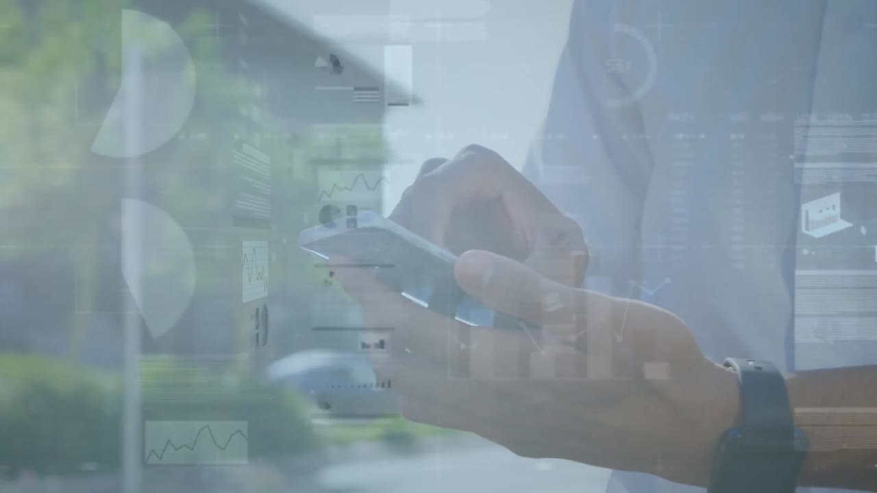 Animation of multiple graphs, trading board over midsection of biracial man using cellphone