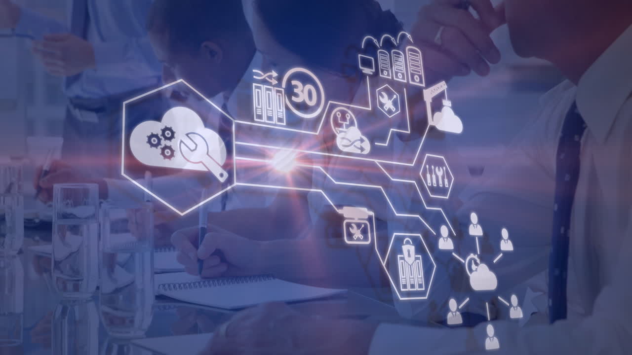 animación de iconos financieros sobre un grupo diverso de personas de negocios