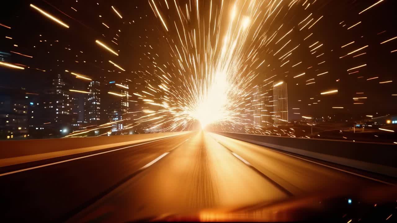 Dynamic City Nightscape: A Journey Through a Futuristic Highway of Light Trails and Explosive Sparklers Creating a Stunning Visual Experience at High Speed