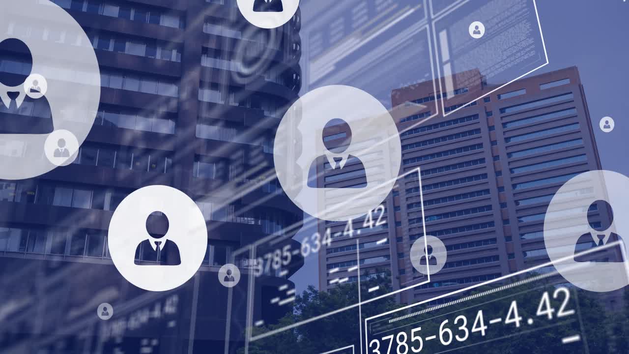 animación del procesamiento de datos con iconos sobre el paisaje urbano