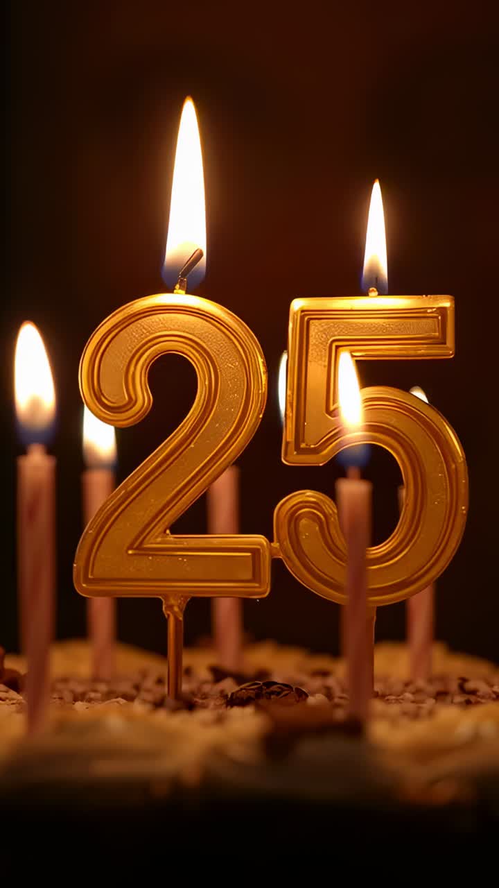 Video verticale: registrazione di una candela dorata con numero 25 che brucia su una torta per una celebrazione con micce accese