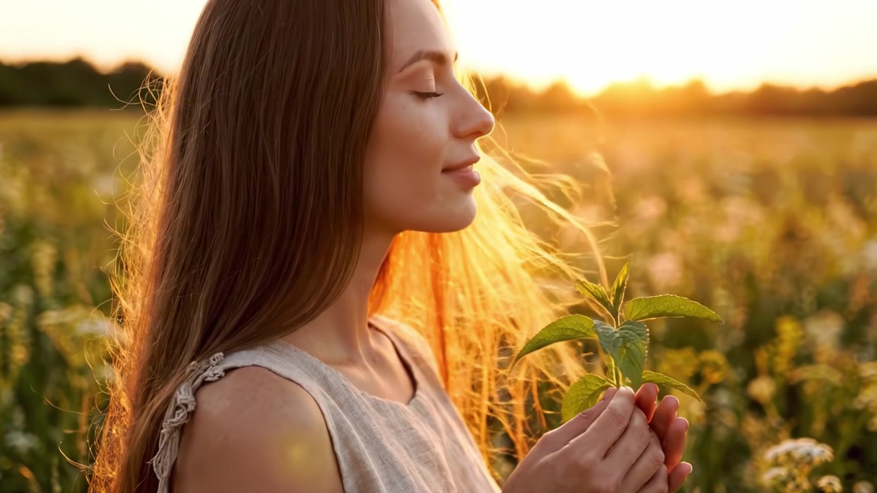 Un Momento Riflessivo in un Campo Illuminato dal Sole: Abbracciando la Bellezza della Natura con una Delicata Foglia Verde Tenuta Dolcemente in Mano, Immortalato all'Ora d'Oro