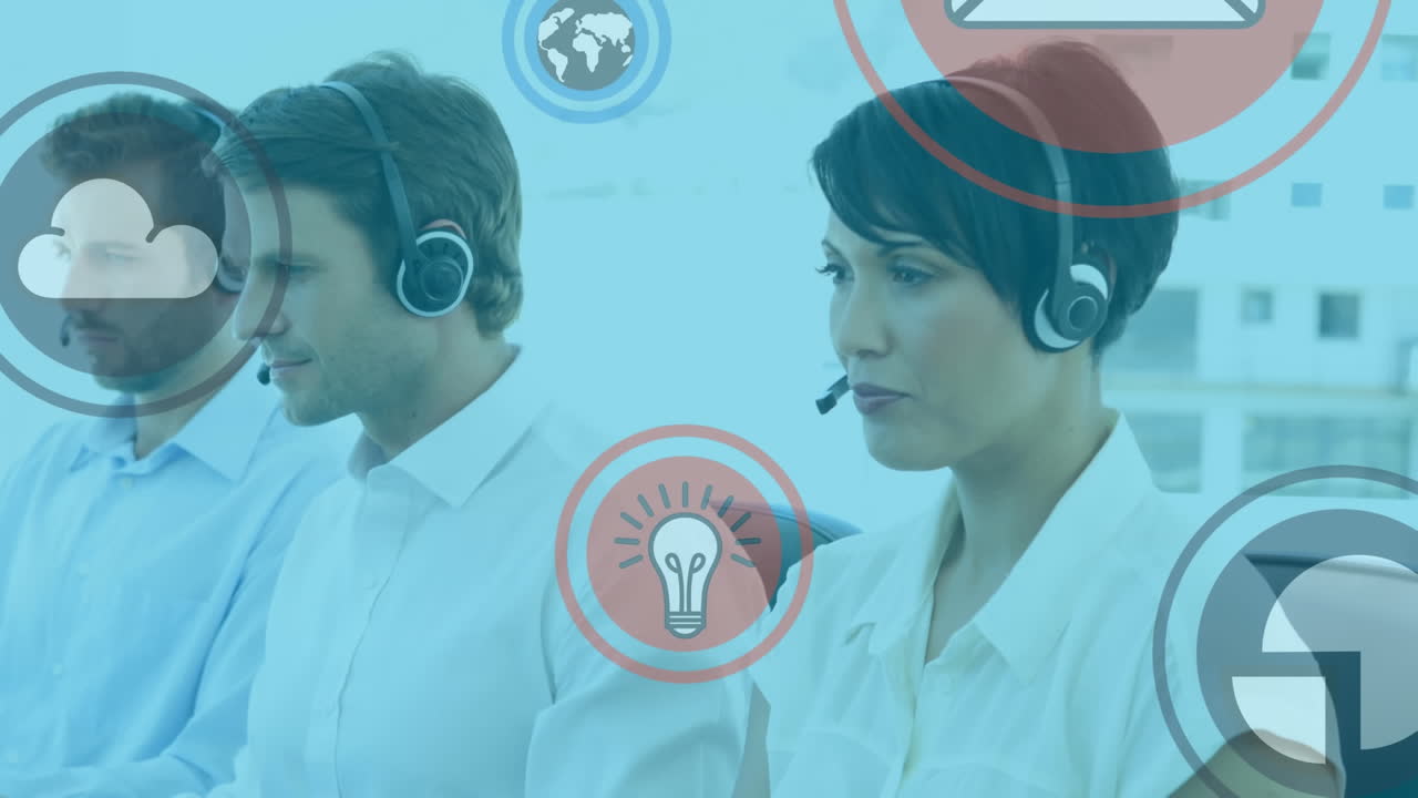 animación de la red de conexiones con iconos sobre personas de negocios que usan auriculares telefónicos