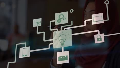 animation of network of digital icons over biracial woman in hijab talking on smartphone at office