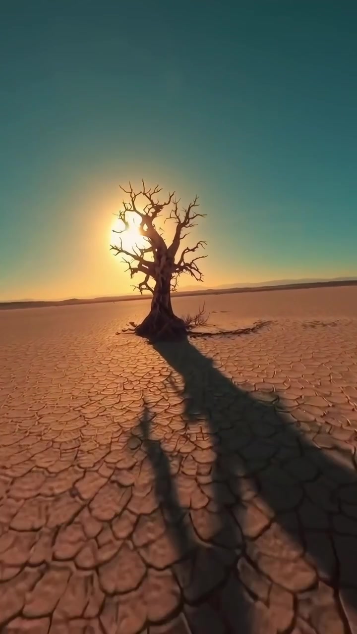 Vista surreale di un albero secco in un deserto crepato al tramonto