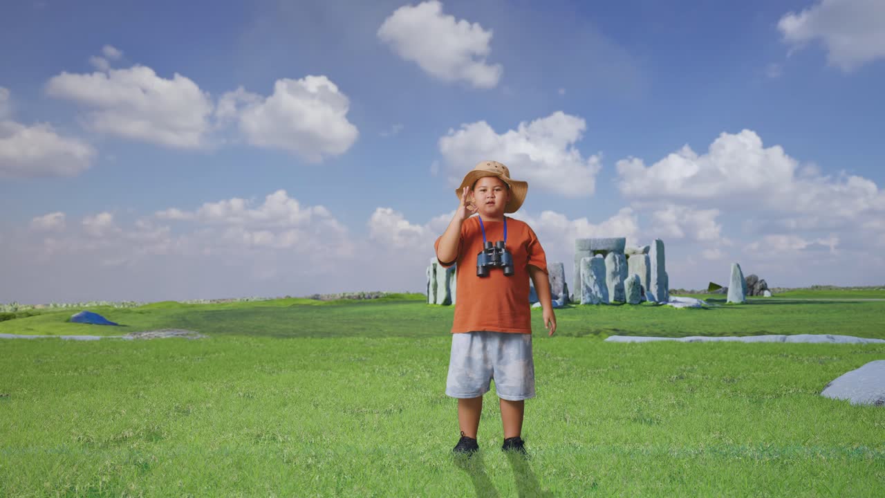 Asian Boy With A Hat And Binoculars Smiling And Showing Okay Gesture To Camera While Traveling In Stonehenge. Boy Researcher Examines Something, Travel Adventure, Full Body