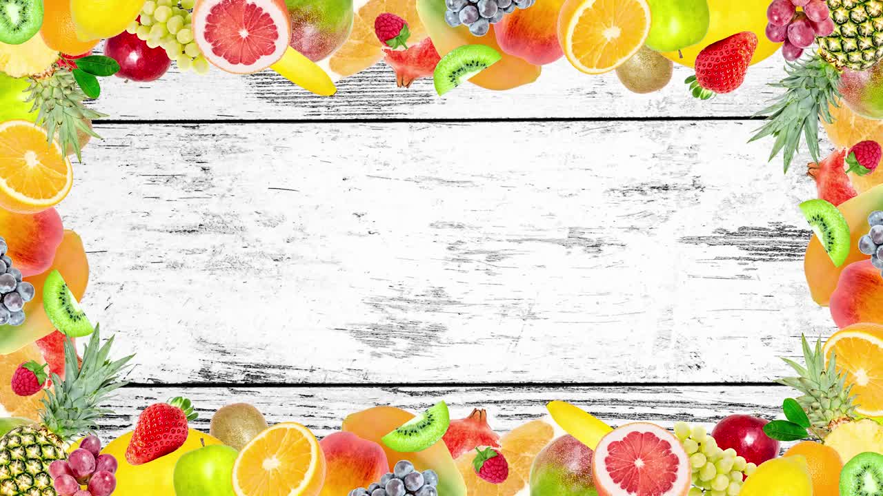 animación de video stop motion creativa de muchas framas diferentes de frutas exóticas tropicales brillantes que aparecen y desaparecen rápidamente en el viejo fondo de madera vintage grunge. bucle sin costuras.