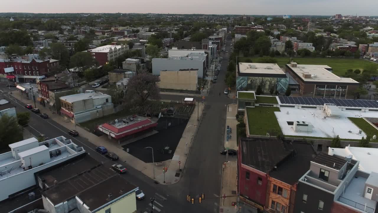 North Philadelphia row homes drone during dusk on an overcast cloudy day