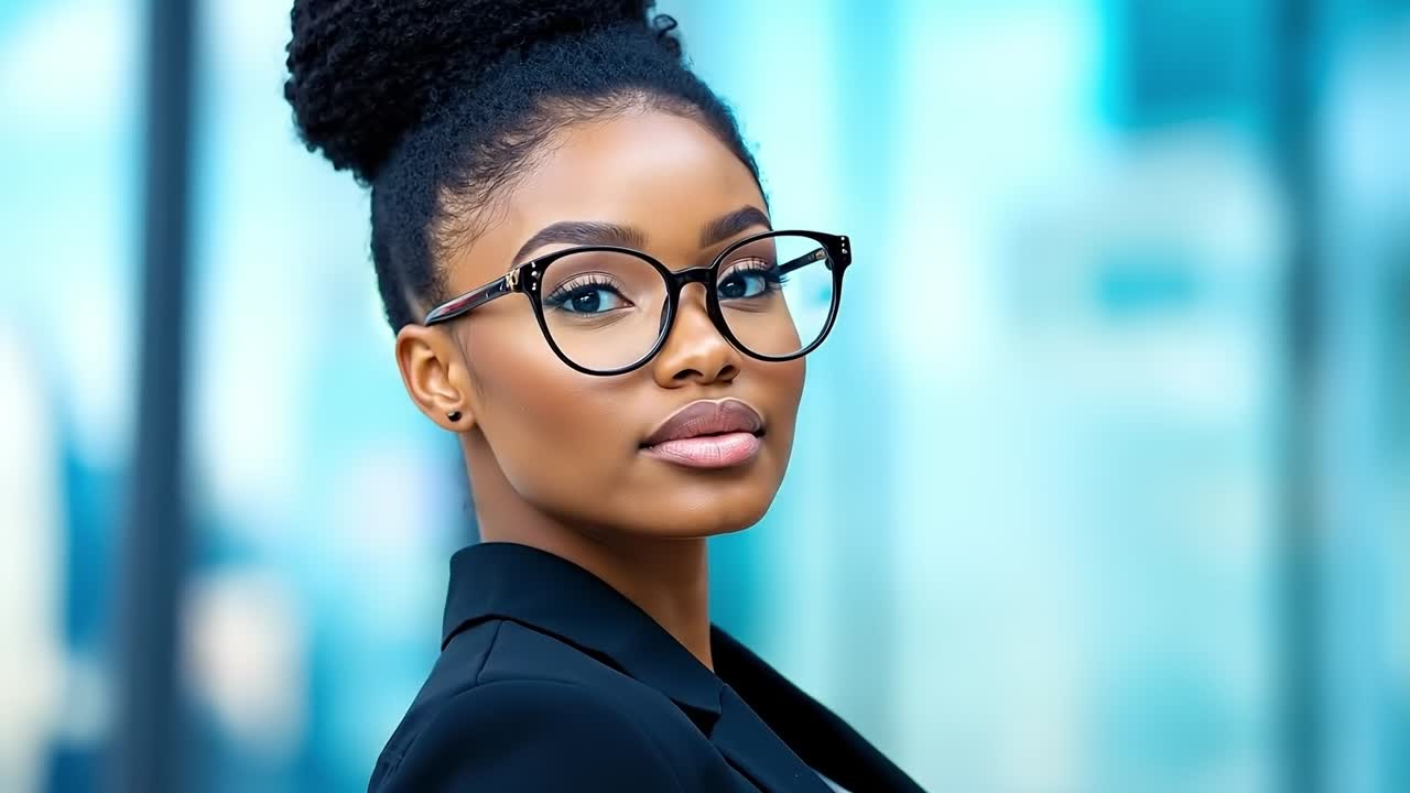 A woman wearing a black suit and glasses