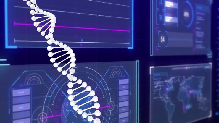 Animation of dna strand over data processing on black background