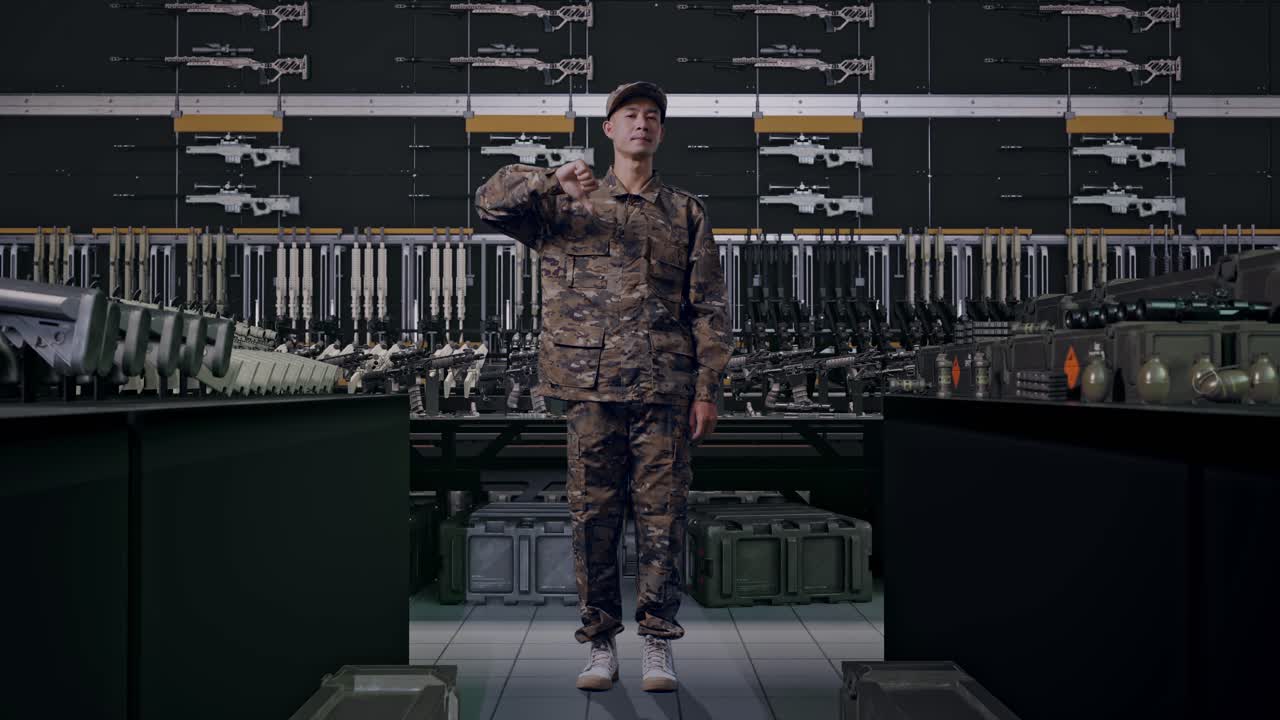 uomo asiatico soldato a figura intera che mostra il gesto del pollice verso in giù alla fotocamera nell'armeria militare