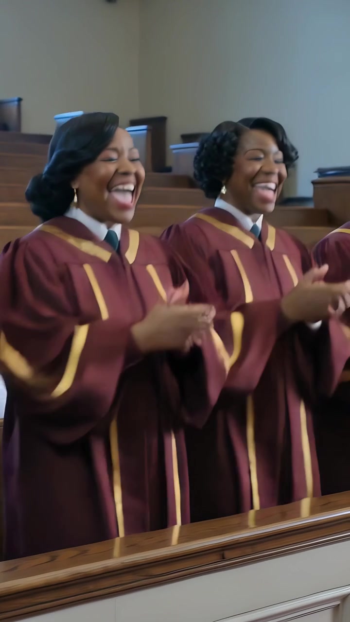 Vertical video: Clapping choir shifting into singing in joy in sanctuary by wood rail, maroon robes