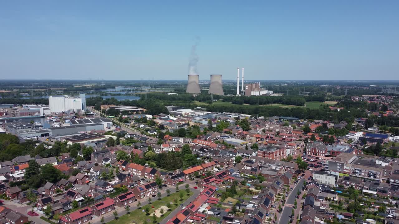 Gas-fired powerplant Clauscentrale behind city Maasbracht in the Netherlands, Aerial
