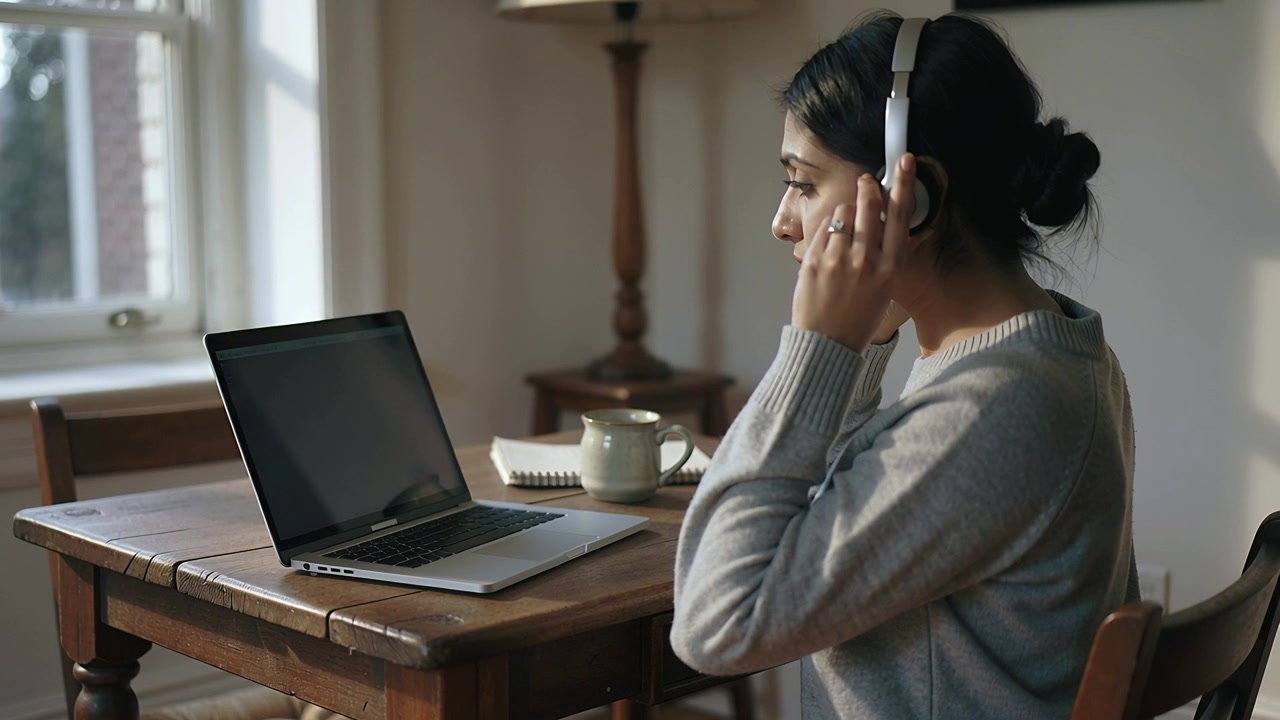 Kvinde i grå sweater besvarer opkald og justerer hovedtelefoner ved et bord med bærbar computer, kopirum