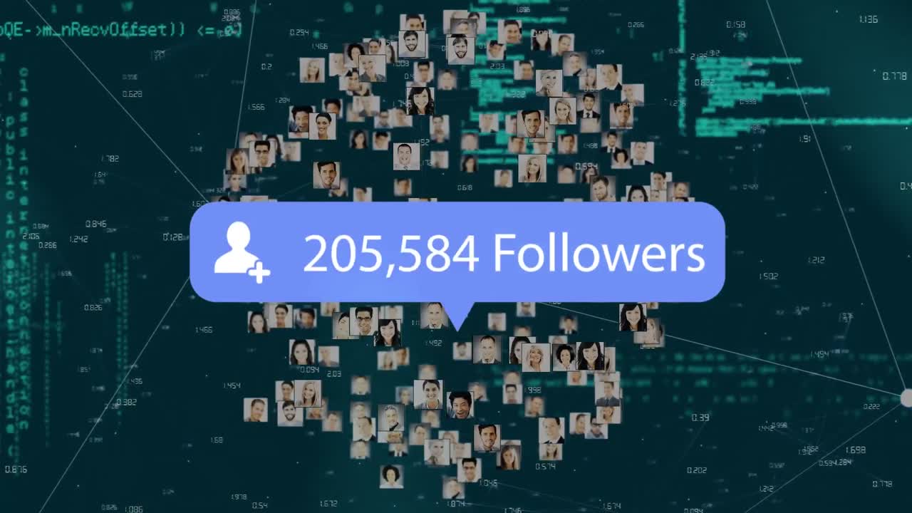 Speech bubble with followers text with increasing numbers against globe of profile icons