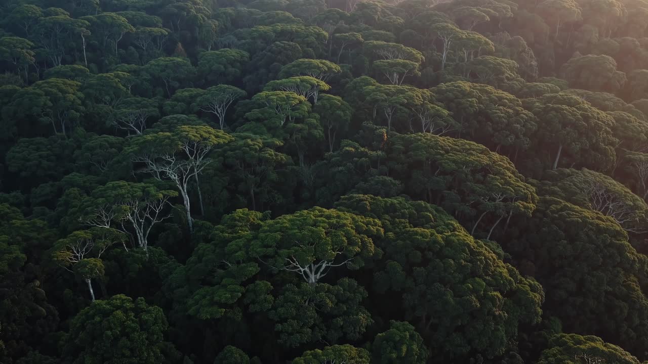 Aerial video captures lush green rainforest canopy at sunrise, showcasing dense foliage and mist