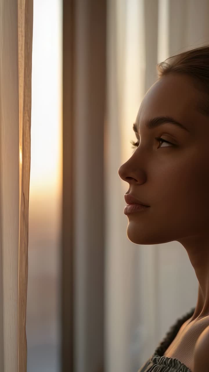 Vertical video: Sunlight drawing woman in dark top tilting chin and closing eyes by sheer curtain