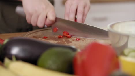 Handheld-view-of-woman-cutting-chili-pepper-into-slices/Rzeszow/Poland