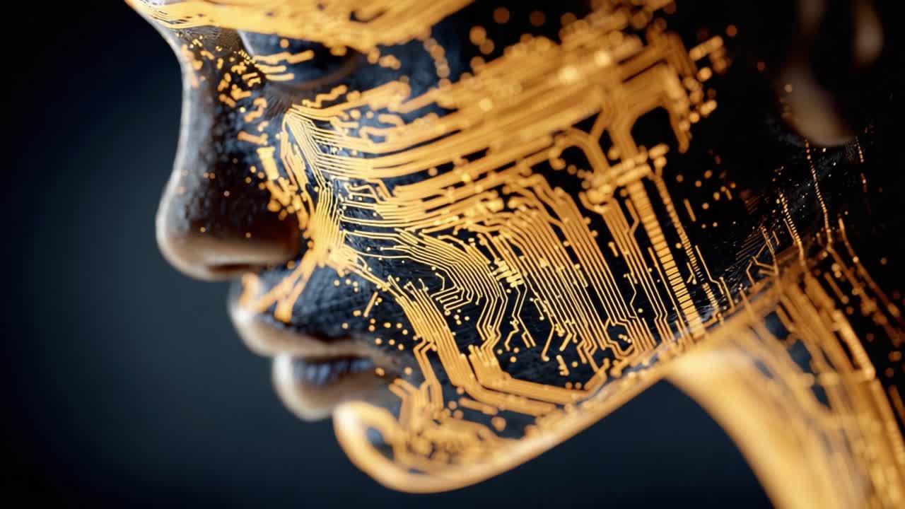 A Futuristic Portrait of a Human Face Merged with Circuitry, Showcasing the Harmony of Technology and Humanity in a Striking Digital Art Style