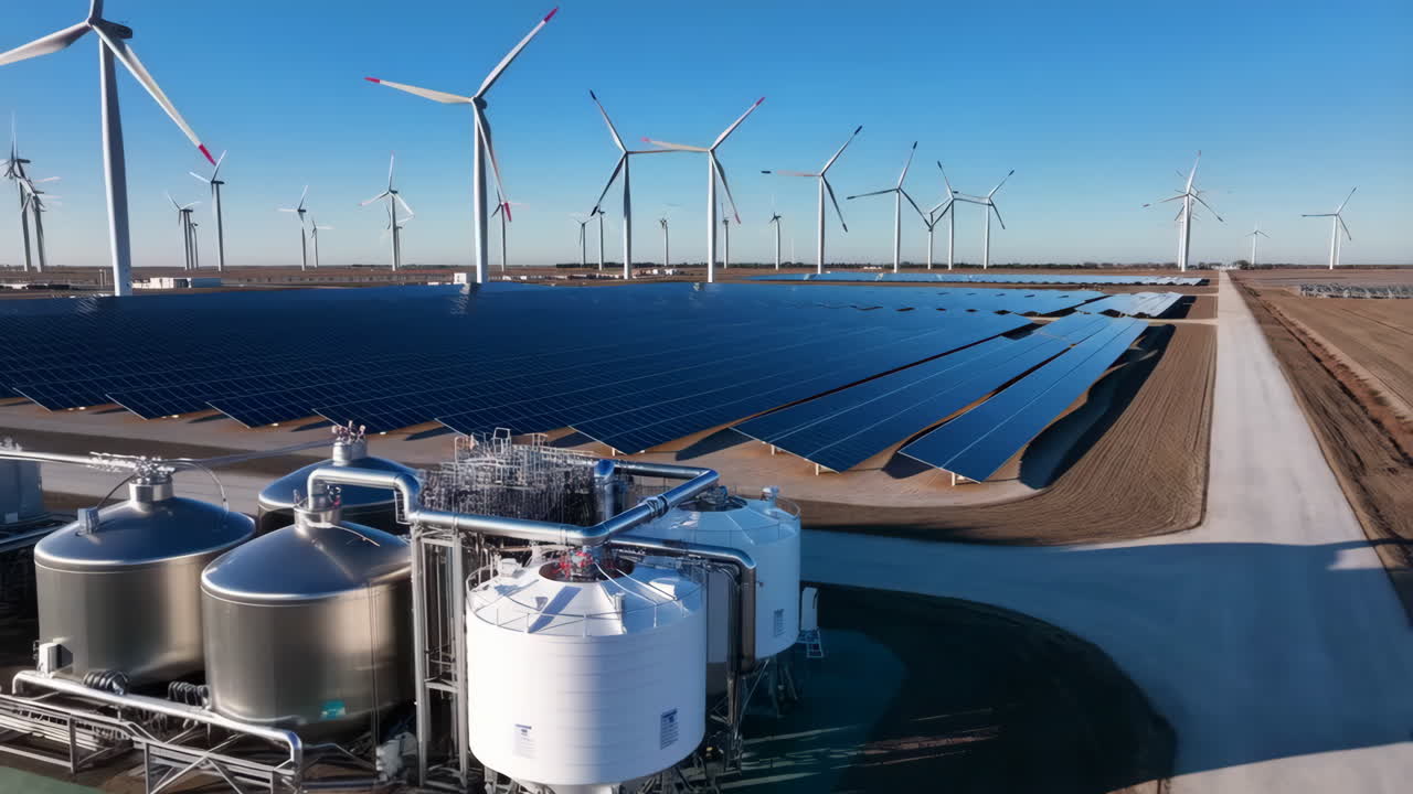 Vast Renewable Energy Facility with Solar Panels, Wind Turbines, and Storage Tanks