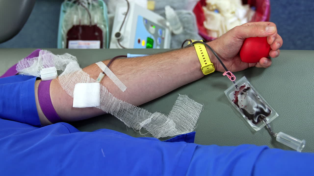 Caucasian male arm with iv drip system taking blood. Donating blood, a good deed concept. Close up.