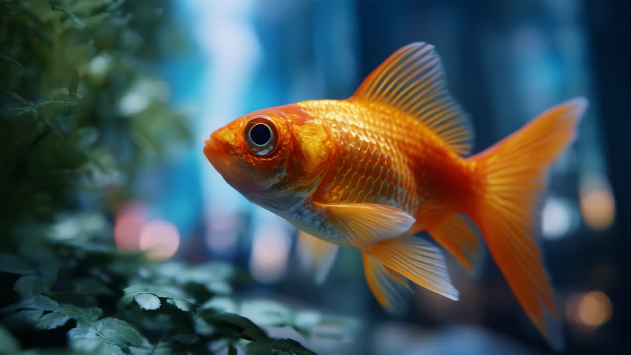 Um lindo peixinho dourado nadando graciosamente em um ambiente de aquário subaquático, cercado por vegetação exuberante e iluminação azul suave que se reflete em suas escamas