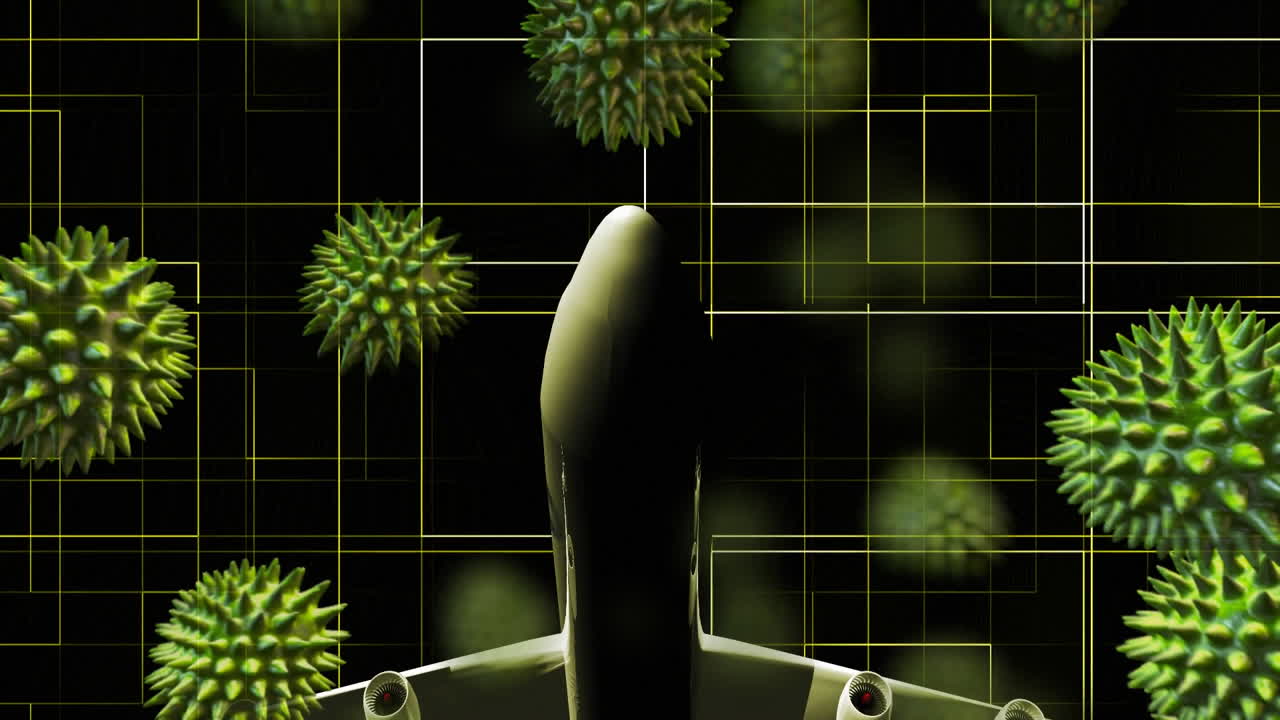 animación de células de macro coronavirus covid-19 que se propagan sobre un avión que despega de una pista