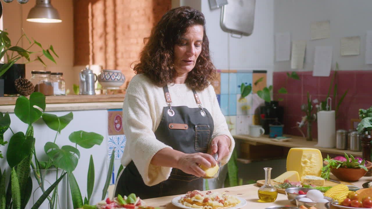 Woman grating cheese in the kitchen