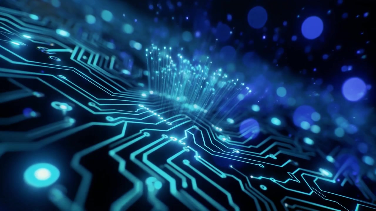 Digital Circuit Board with Glowing Fiber Optic Data Transfer