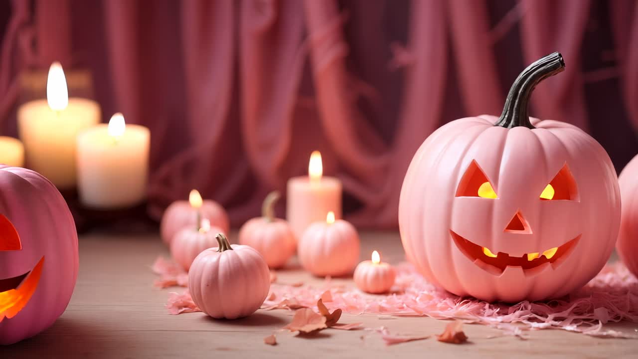 분홍색 할로윈 호박과 불