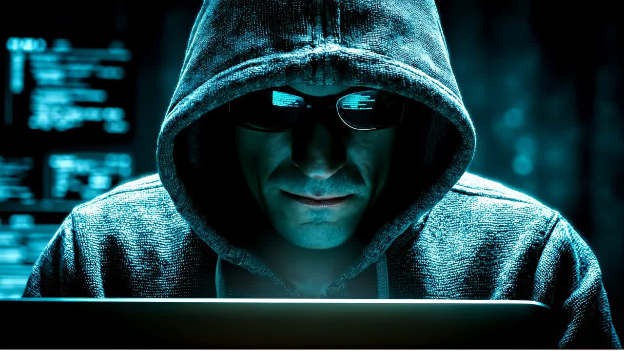Hooded figure on computer in dark. A person in a hoodie sits in a dark room, focusing on a computer screen with glowing elements around them