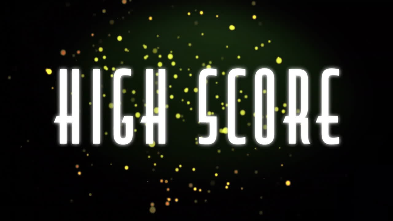 High score text animation over glowing particles on dark background