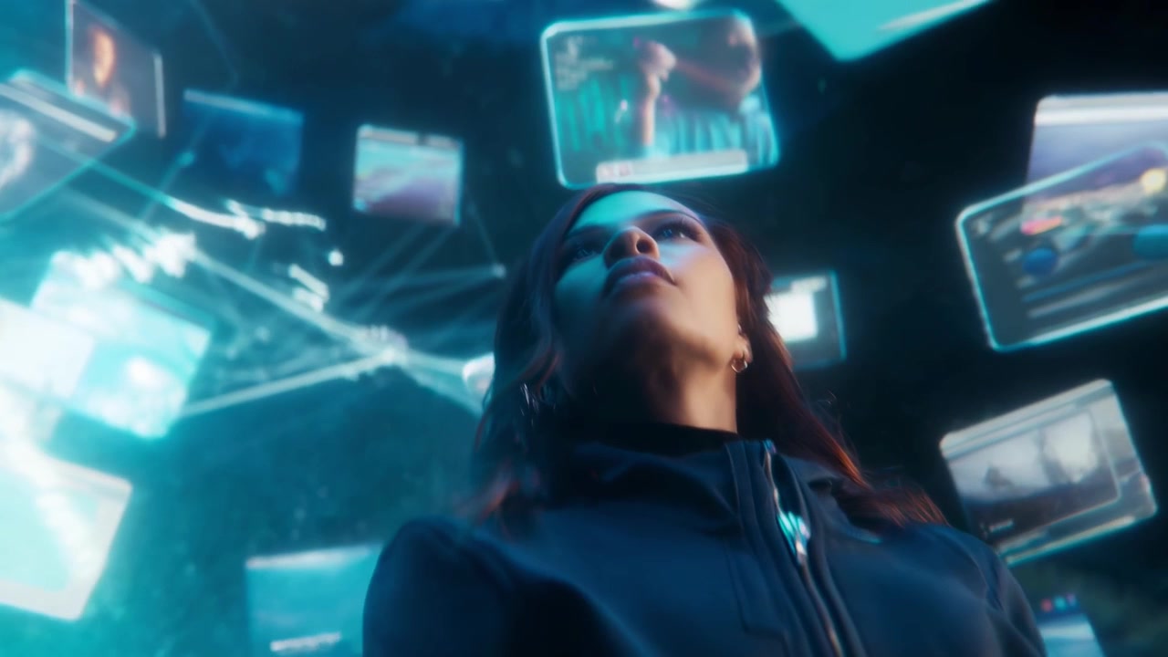 Donna con rete di dati olografica futuristica