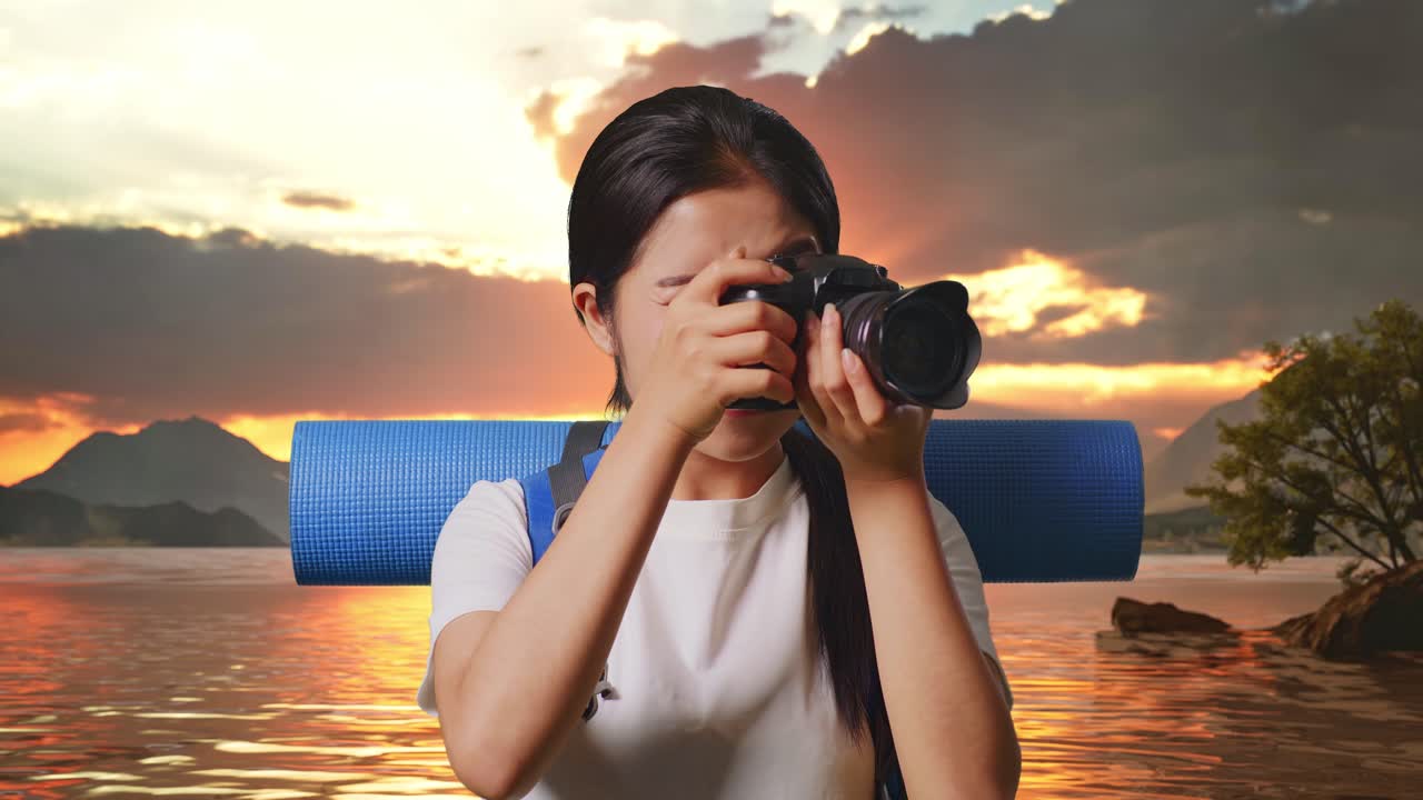 Close Up Of Asian Female Hiker With Mountaineering Backpack Using A Camera Taking Picture At A Lake