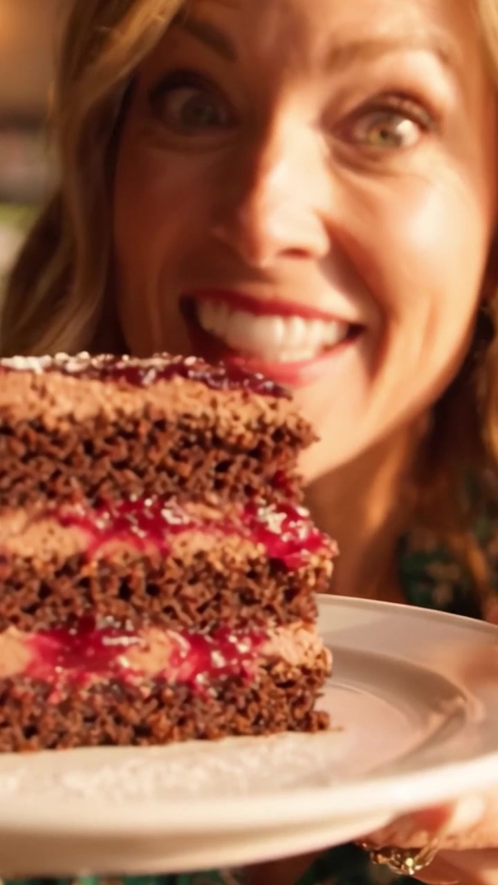 Un momento delizioso: gustando una sontuosa torta al cioccolato con ripieno di lamponi, catturando pura gioia e anticipazione ad ogni morso
