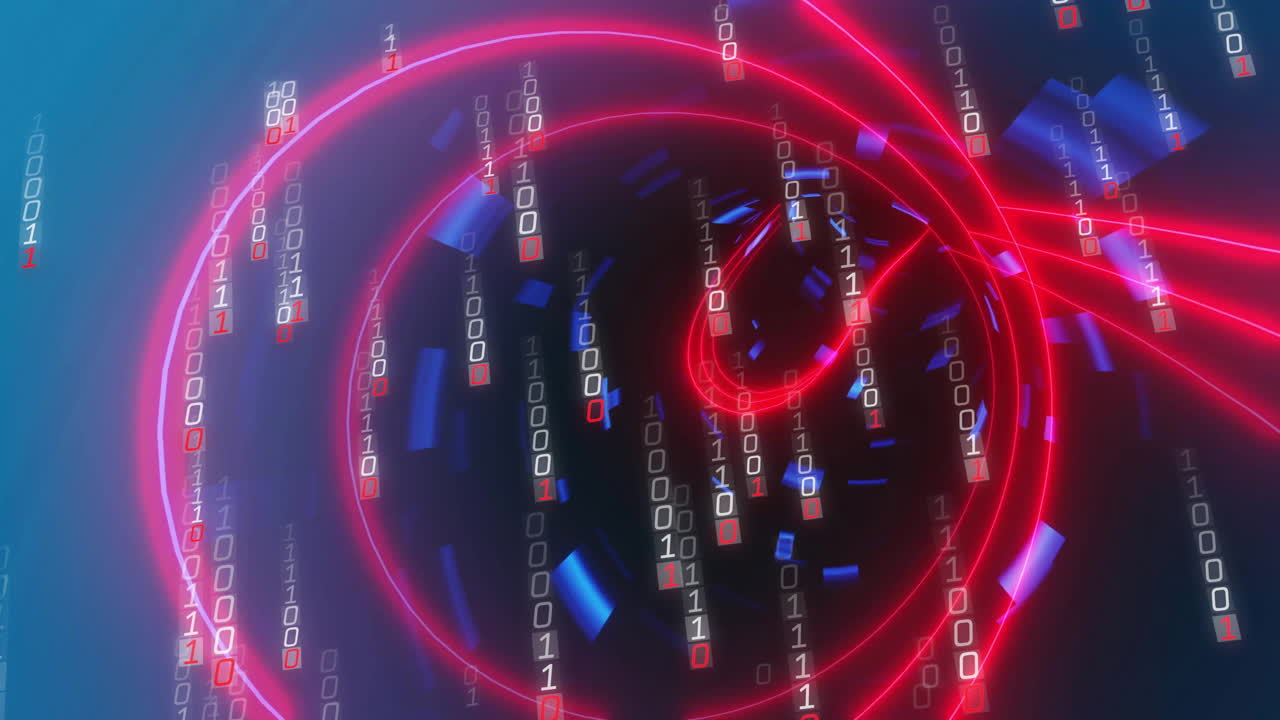 이진 코드와 파란색과 검은색 배경 위의 은 원형 애니메이션