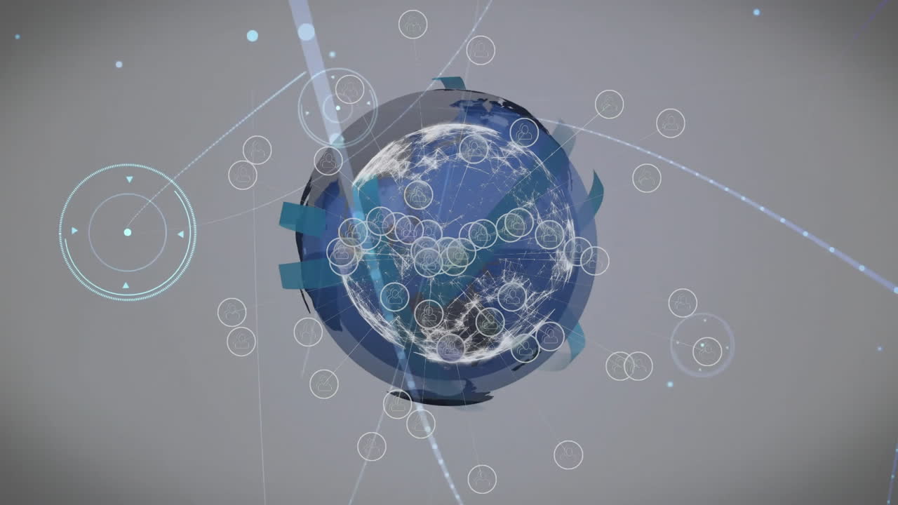 Global network connections and data points animation over rotating Earth