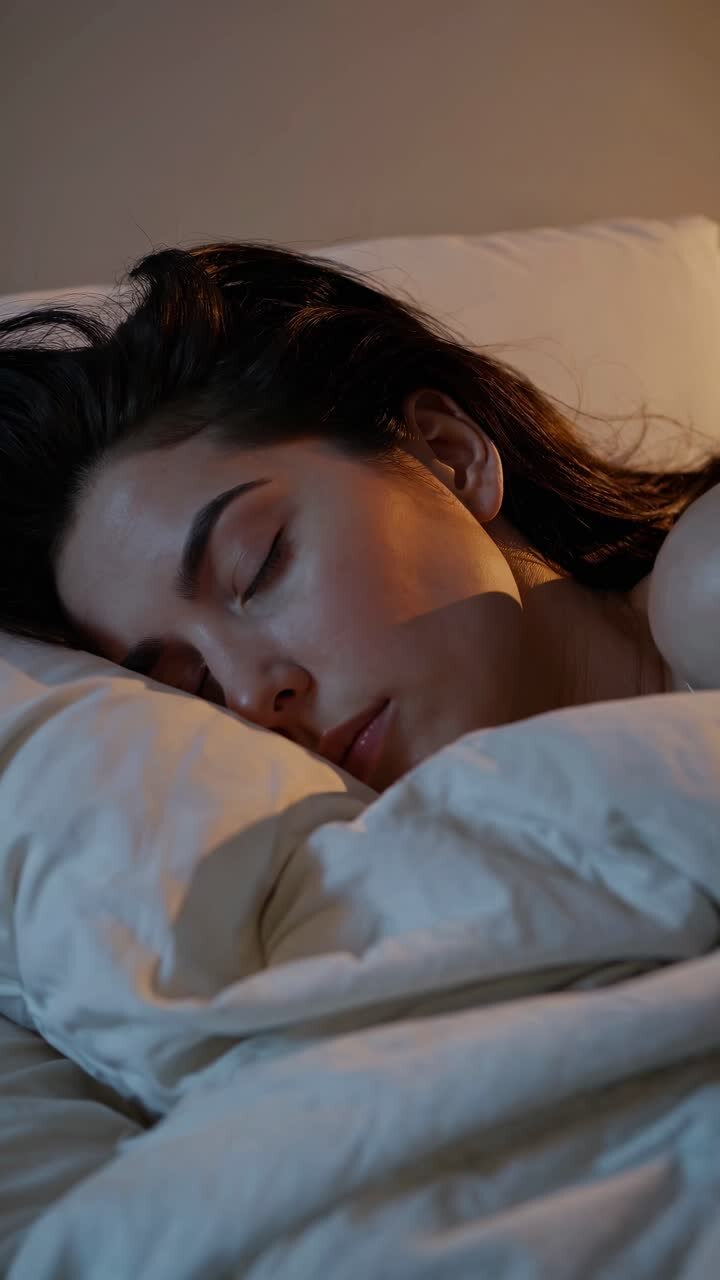 A serene close-up angle captures a woman peacefully sleeping in soft lighting