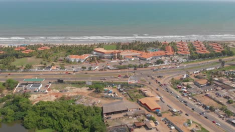 Aerial-shot-of-beach-with-hotels-in-Ghana