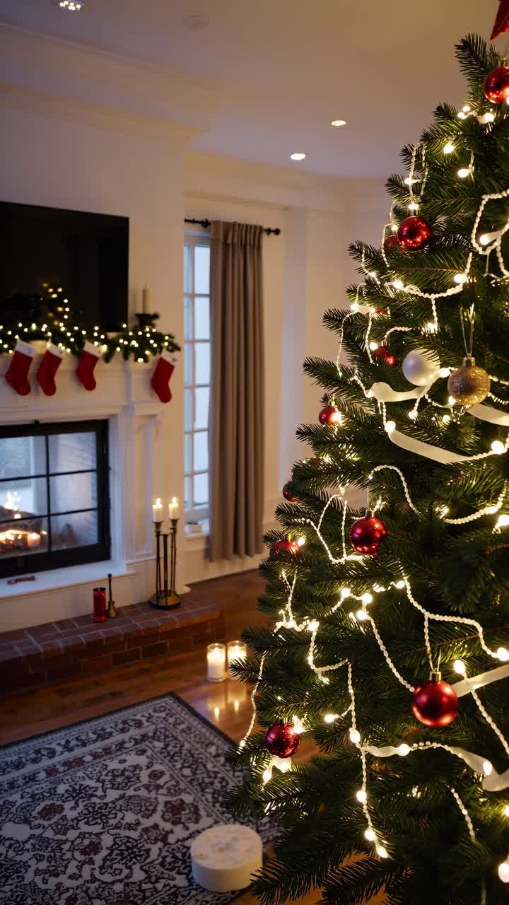 Cozy Christmas living room scene with a decorated tree in the foreground