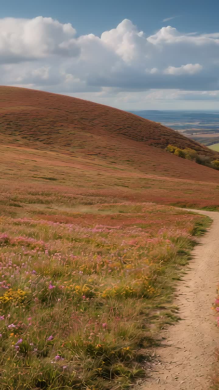 Vertical video: Gathering clouds dimming dirt trail on hillside meadow with wildflowers, copy space