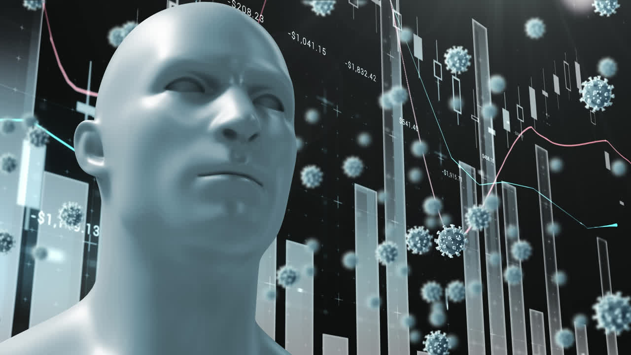 Digital animation of human face model and covid-19 cells against statistical data processing