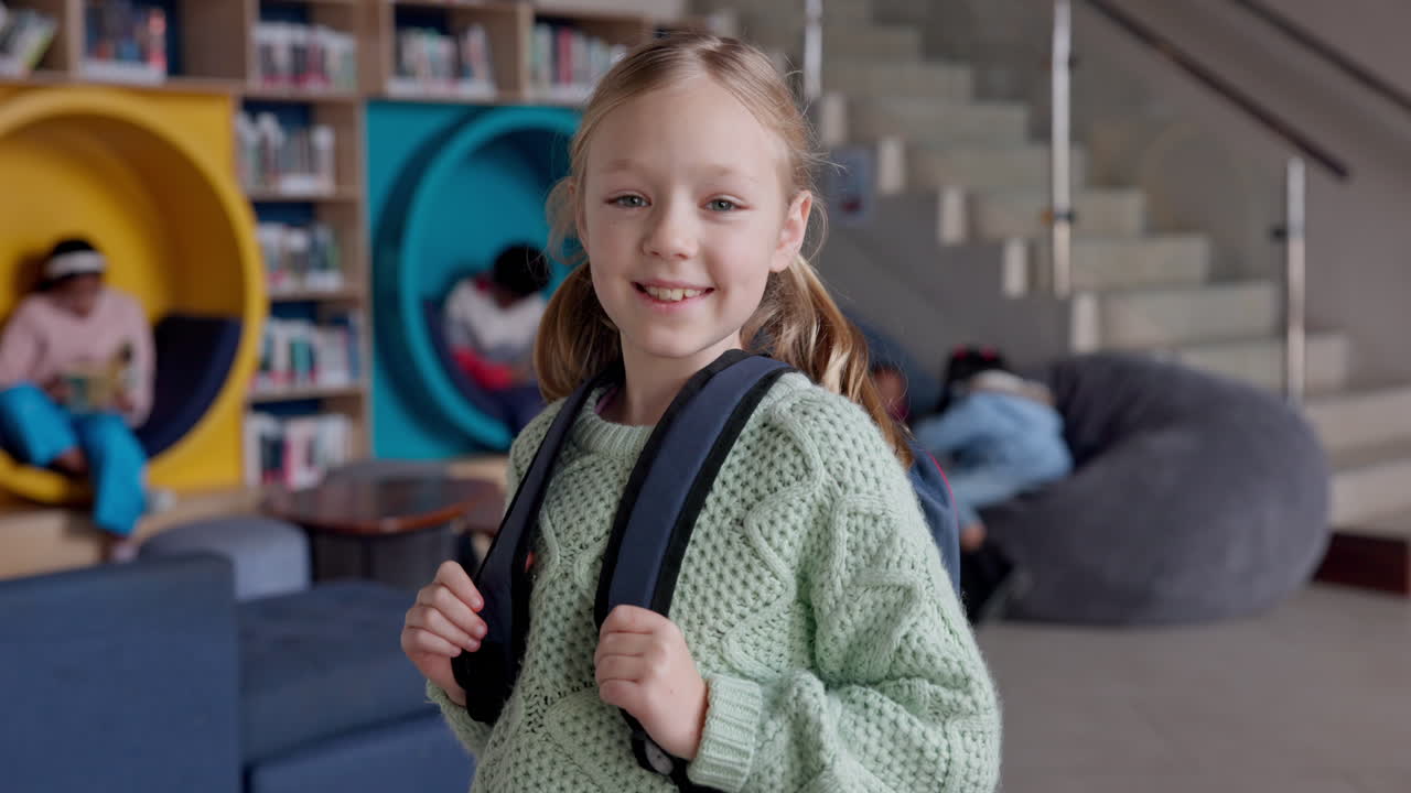 Girl with backpack in library