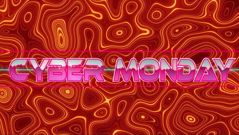 Animación-Del-Banner-De-Texto-Del-Cyber-Monday-Sobre-Un-Patrón-De-Caleidoscopio-Líquido-Abstracto-Sobre-Fondo-Rojo