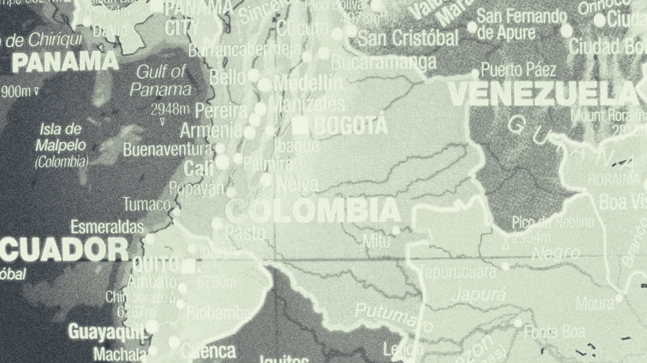 Close-up of a map showing Colombia and surrounding South American countries