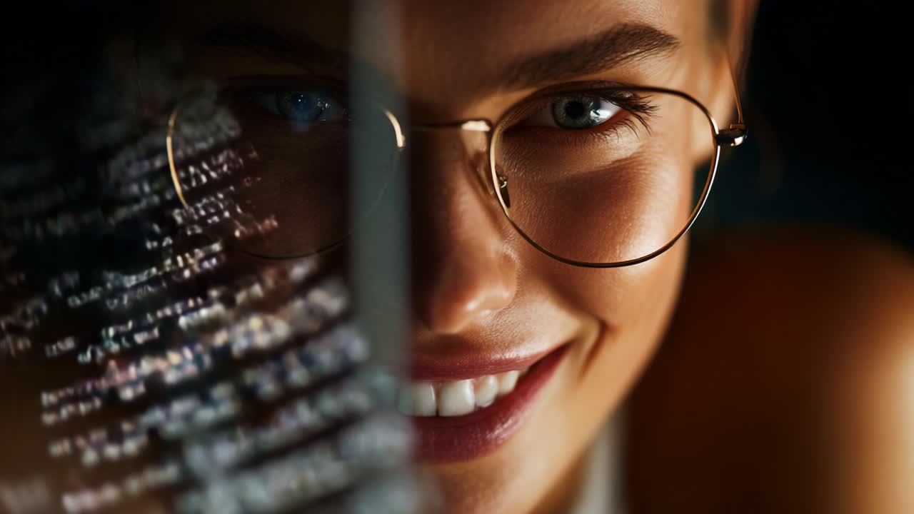 Close-Up Portrait of a Smiling Young Woman with Glasses, Captured in a Dimly Lit Environment, Radiating Confidence and Charm with Reflections in the Background
